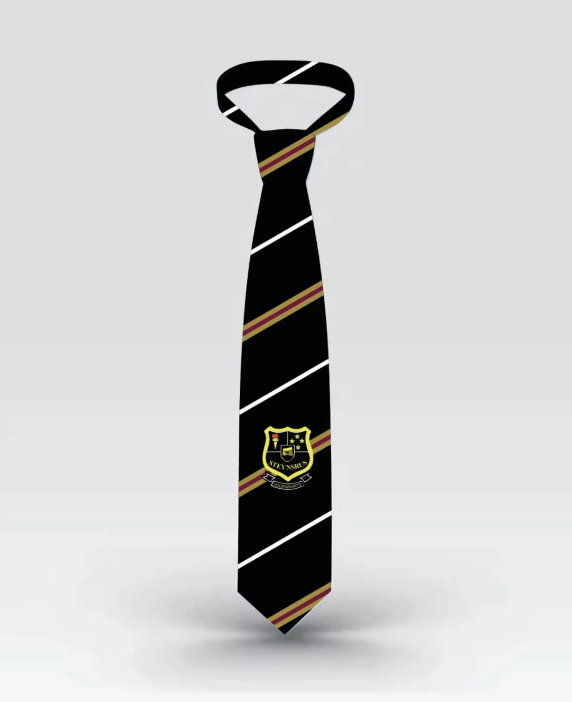Striped school tie with embroidered crest