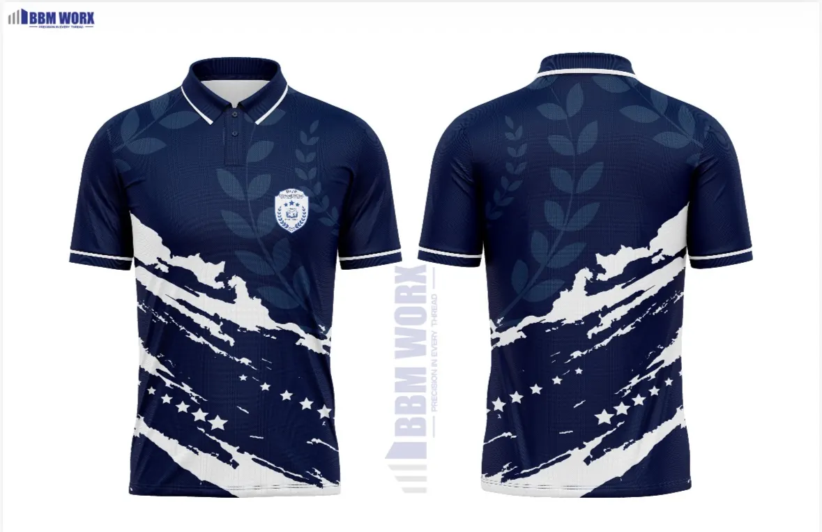 Branded navy and white corporate sports polo, front and back