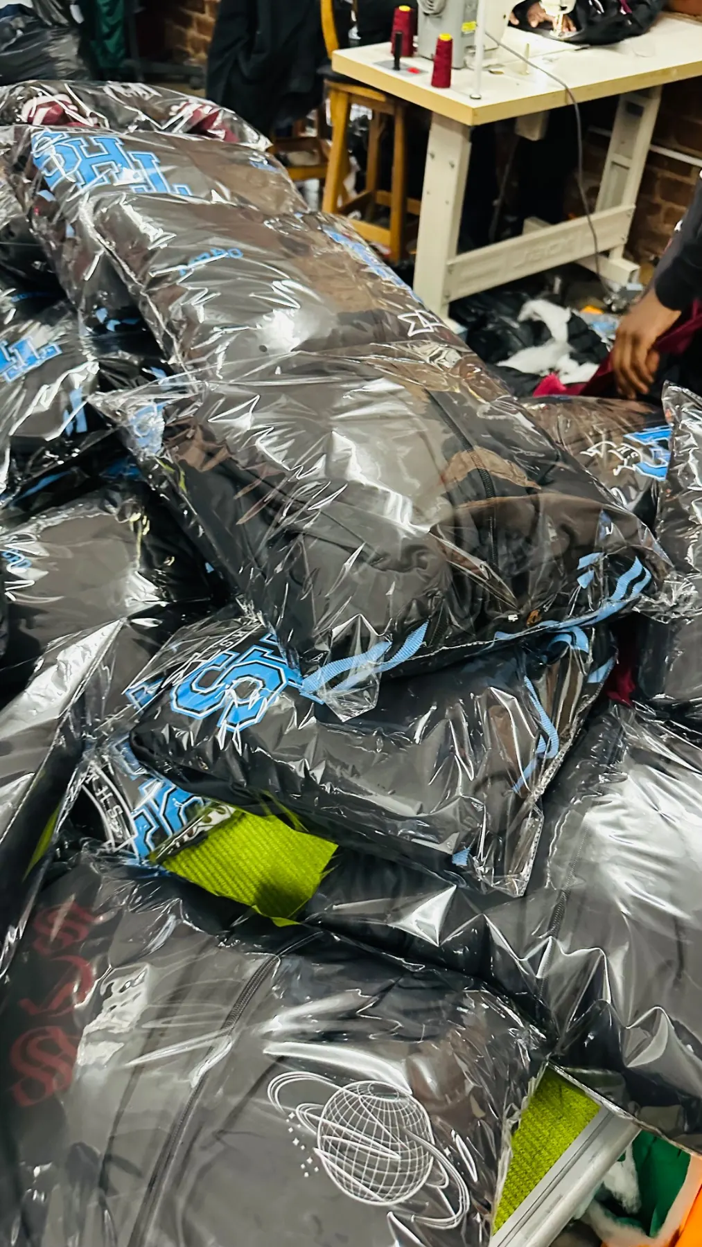 Finished garments bagged and ready for handover