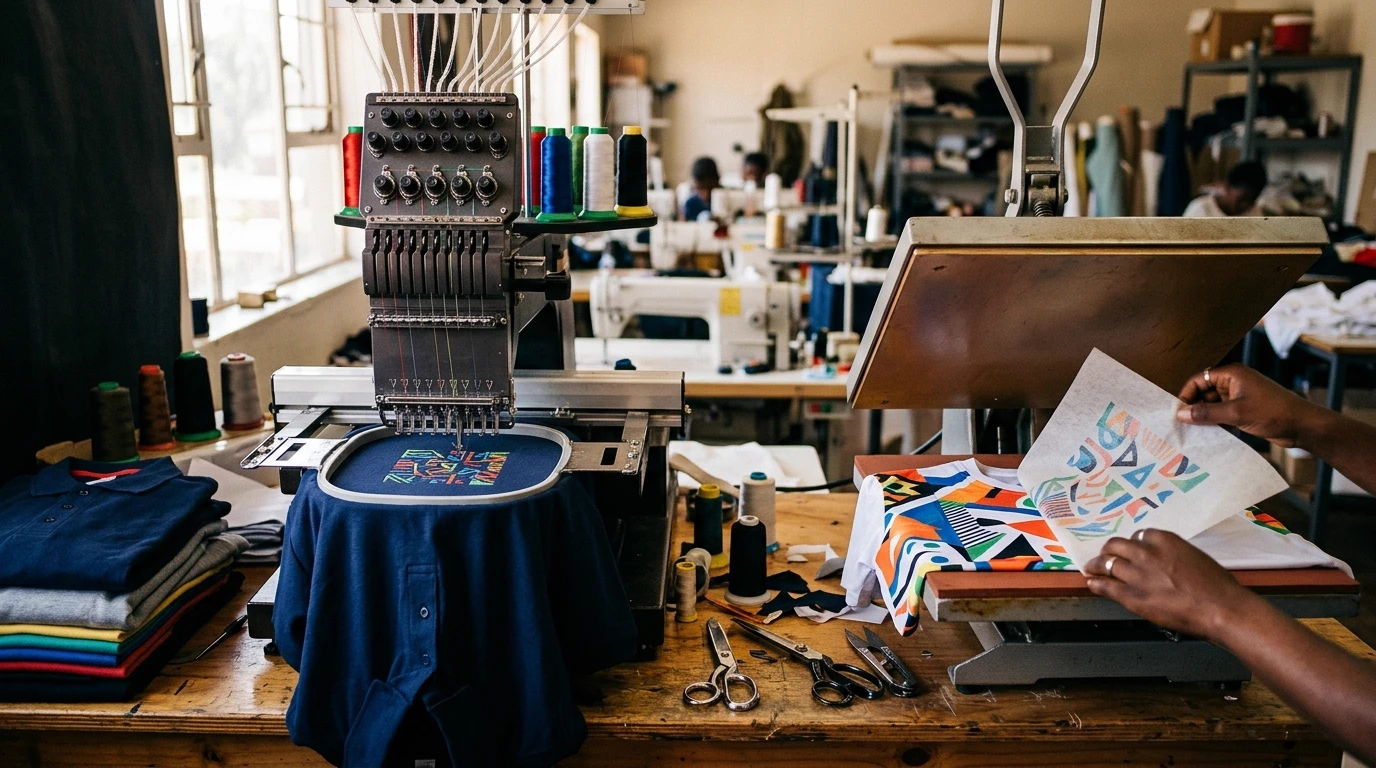 A clothing workshop with a multi-needle embroidery machine stitching a colourful design on a navy polo shirt, beside an open heat press where a patterned white sports shirt is being sublimated