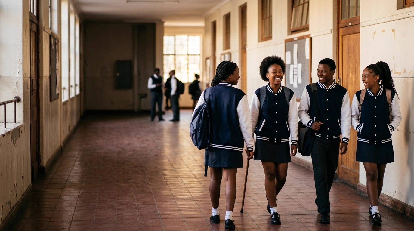 Four matric learners walking down a school corridor together in plain navy and white baseball-style jackets