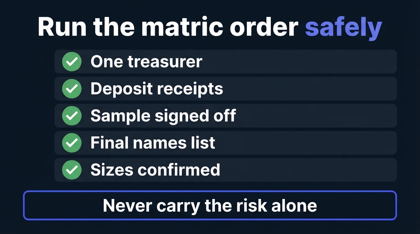 Dark checklist infographic titled Run the matric order safely with steps one treasurer, deposit receipts, sample signed off, final names list and sizes confirmed