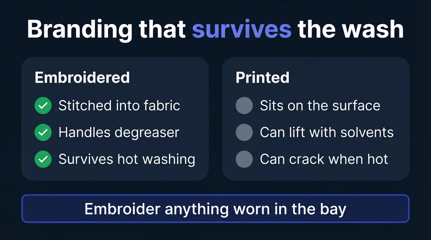 Dark infographic titled Branding that survives the wash, contrasting embroidered branding, stitched into fabric and able to handle degreaser and hot washing, with printed branding, which sits on the surface and can lift with solvents or crack when hot
