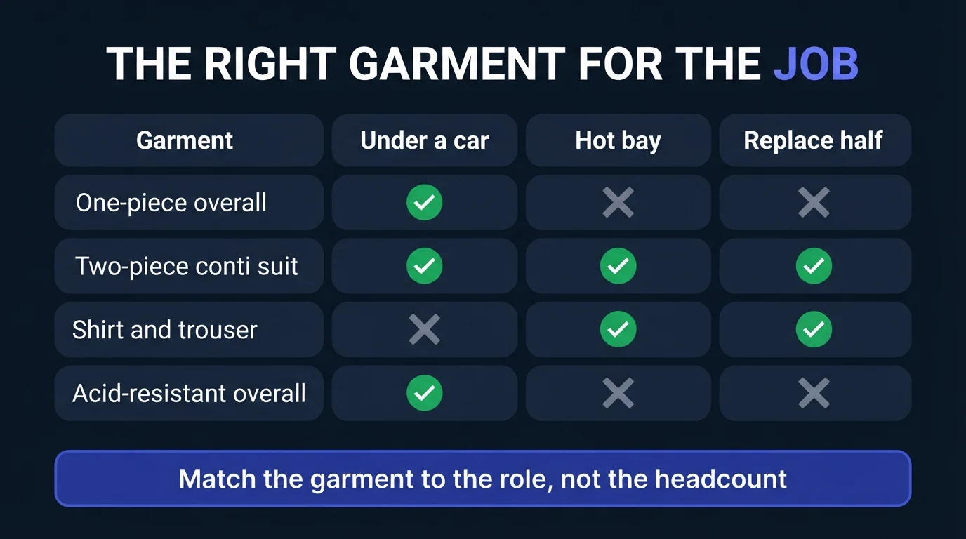 Dark infographic titled The right garment for the job, comparing one-piece overall, two-piece conti suit, shirt and trouser and acid-resistant overall for working under a car, working in a hot bay and replacing half the garment