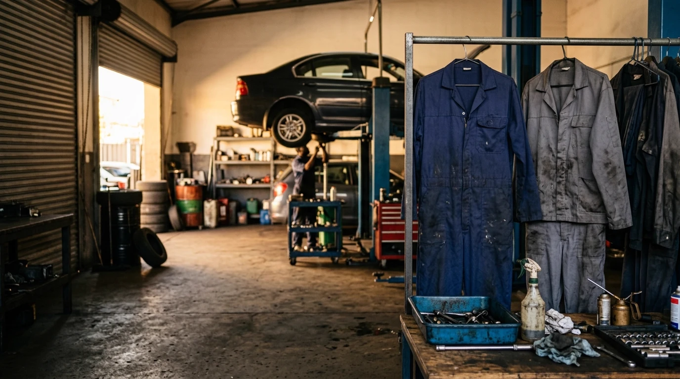A plain navy one-piece overall and a grey two-piece work suit hanging on a steel rail in a motor workshop, with a car raised on a hoist behind them
