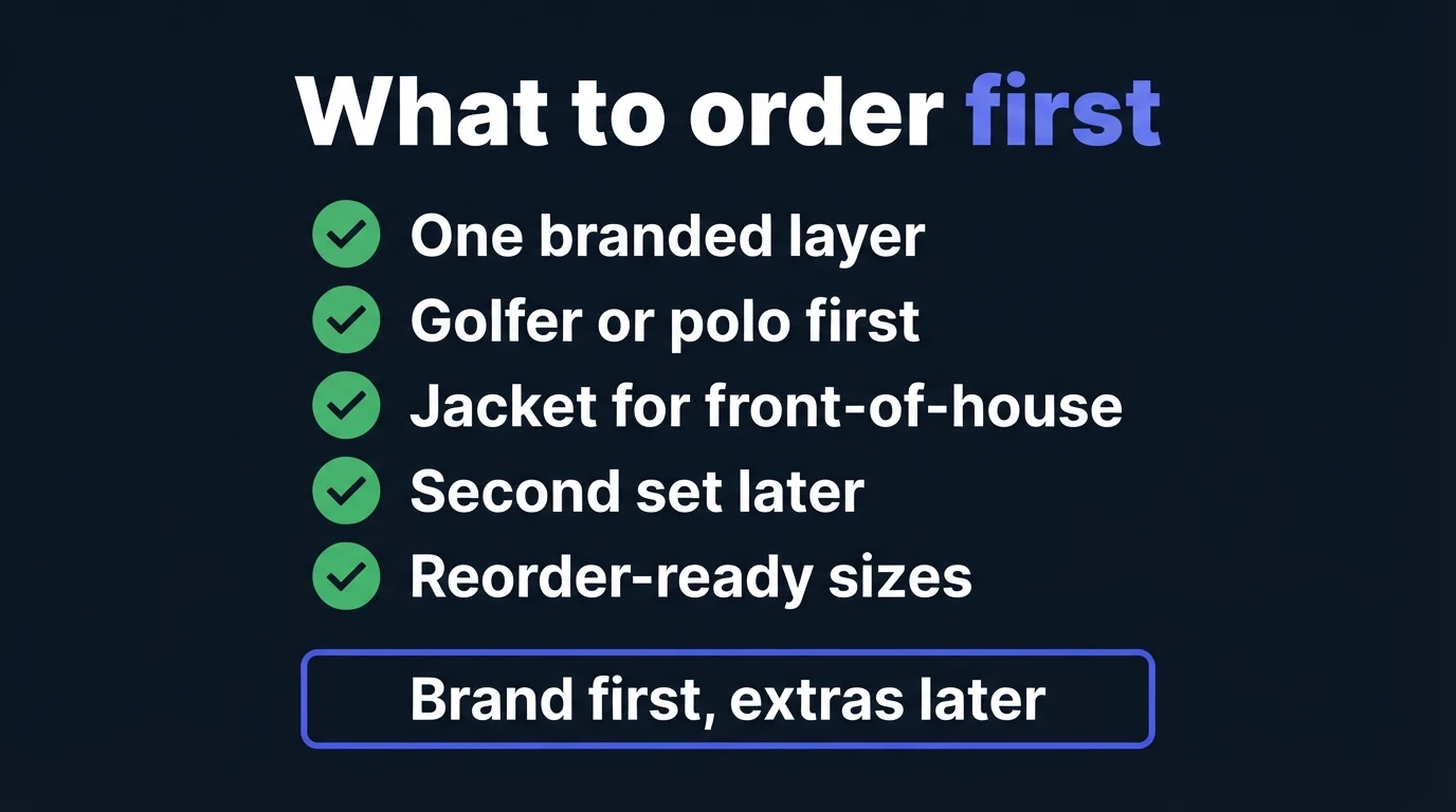 Dark infographic titled What to order first, with a five-point checklist: one branded layer, golfer or polo first, jacket for front-of-house, second set later and reorder-ready sizes