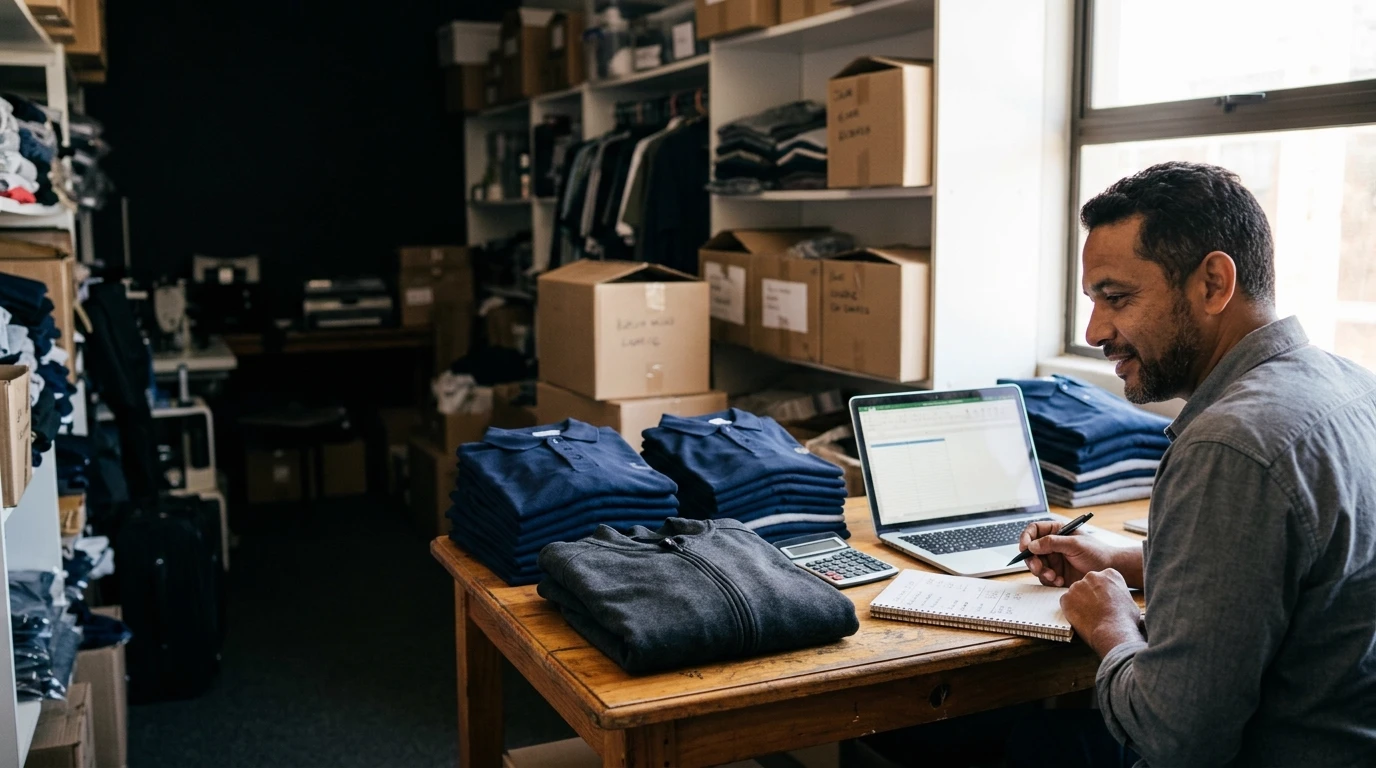A business owner at a wooden desk with stacks of folded navy polo shirts, a grey jacket, a laptop, a calculator and a notepad in a storeroom