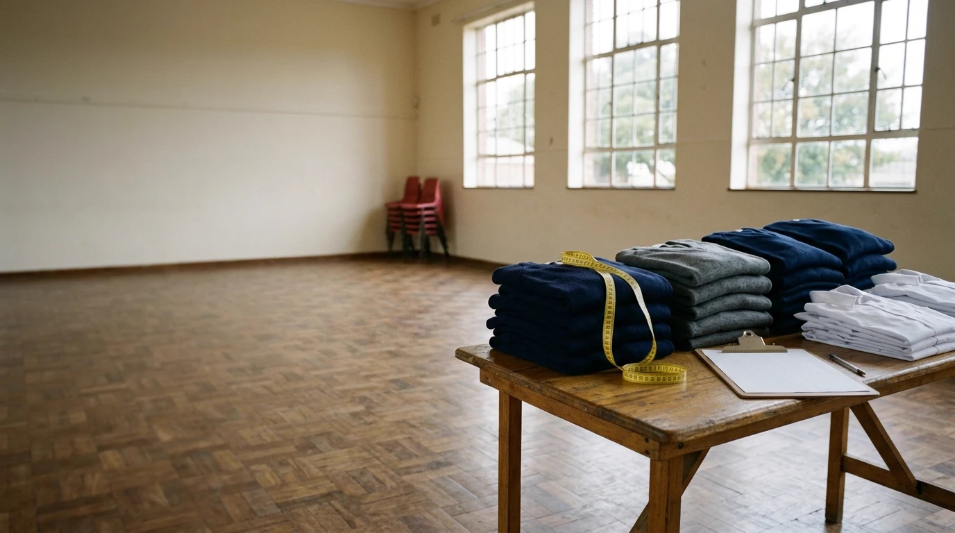 An empty school hall with a folding table of plain navy and grey jerseys, white shirts, a yellow measuring tape and a clipboard set out for a sizing day