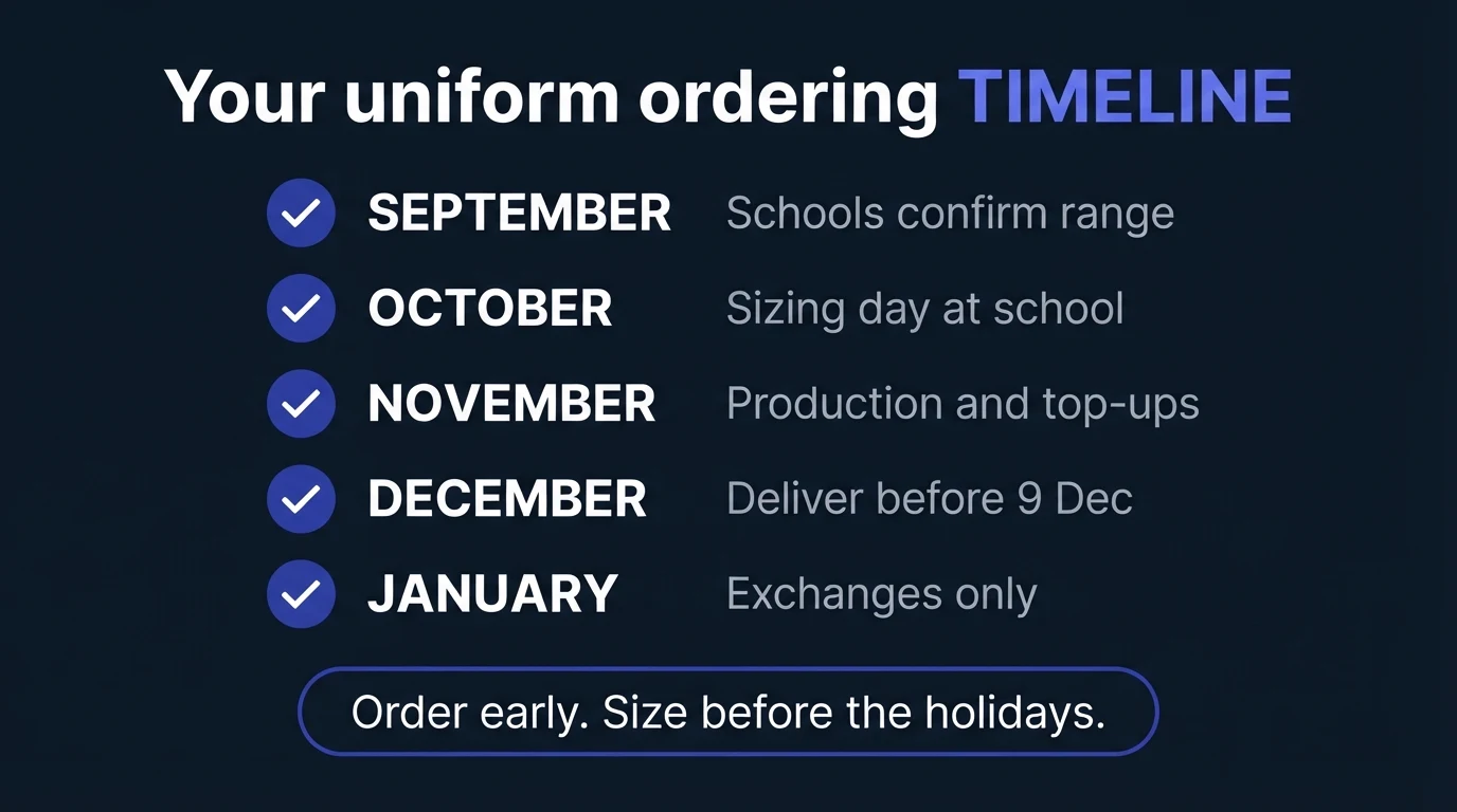 Dark infographic listing September to January with one uniform ordering task per month, ending with the line: order early, size before the holidays