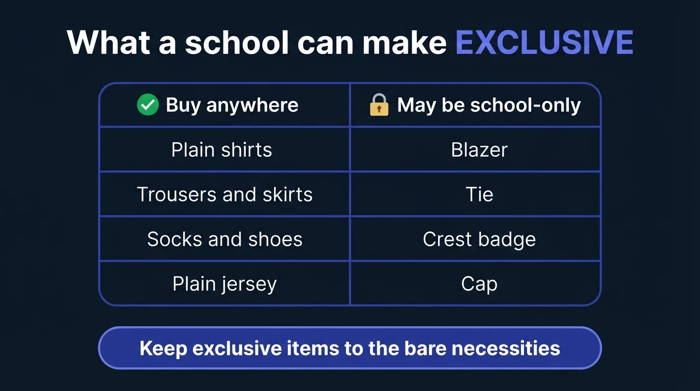 Dark infographic with two columns: buy anywhere, listing plain shirts, trousers and skirts, socks and shoes, plain jersey; and may be school-only, listing blazer, tie, crest badge and cap