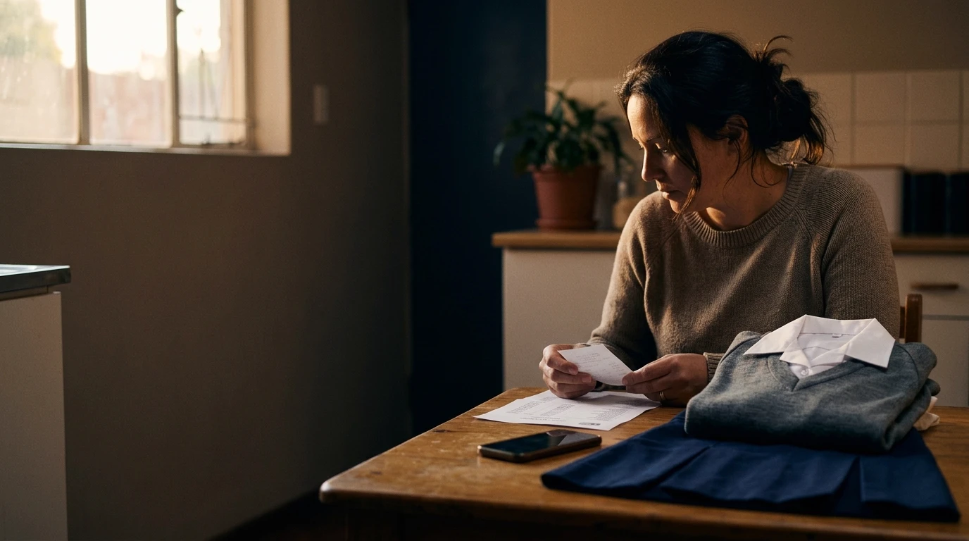 A parent at a kitchen table reading a till slip and a printed price list beside a folded plain white school shirt, grey jersey and navy skirt with no crest